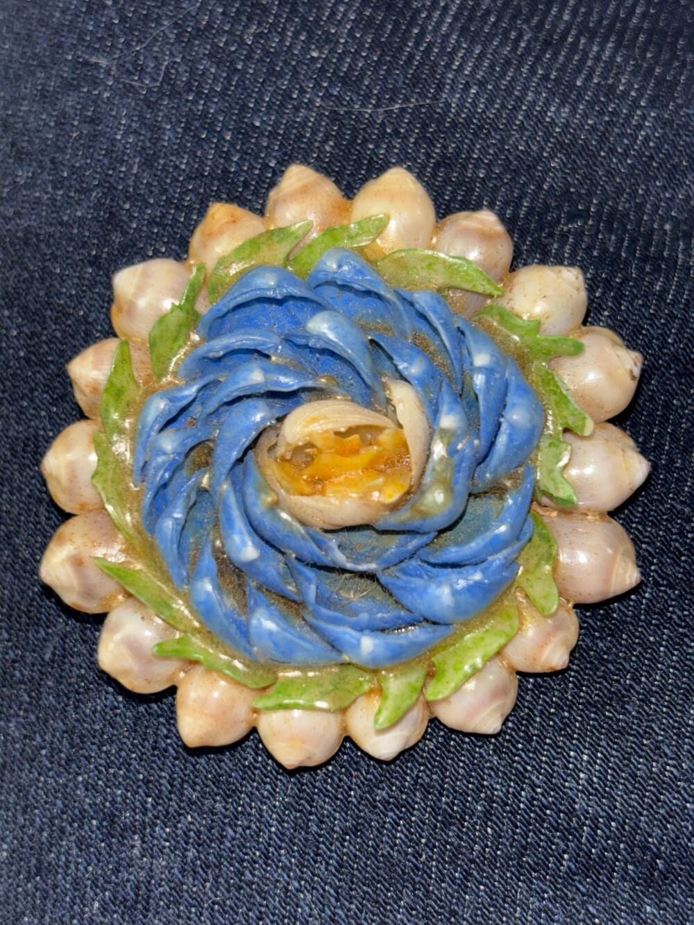 Vintage Handmade Shell Brooch Pin Folk Art Crafted from Natural Shells